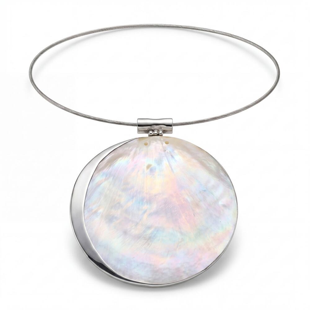 Mother of Pearl Statement Pendant Necklace CollarIridescent Shell 16.5"